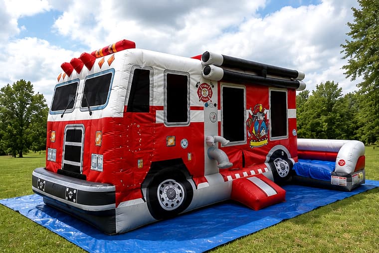 Fire Truck 5-in-1 Combo bouncy castle set up outdoors